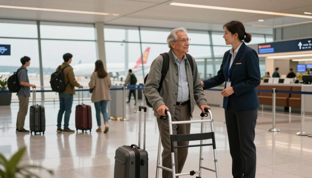 A serene airport scene showcasing a traveler with Parkinson's looking confident and composed. In the foreground, a middle-aged individual dressed in smart casual attire, using a portable mobility aid like a rolling walker, is seen engaging with friendly airport staff. In the middle ground, other travelers are navigating through security checks and boarding gates, with their luggage neatly arranged. The background features large windows showing airplanes on the tarmac and a soft, ambient glow from overhead lighting, creating a sense of warmth and safety. The mood conveys hope and empowerment, emphasizing the idea of accessible travel. The image should be bright and well-lit, captured from a slightly elevated angle to provide a comprehensive view of the airport environment.