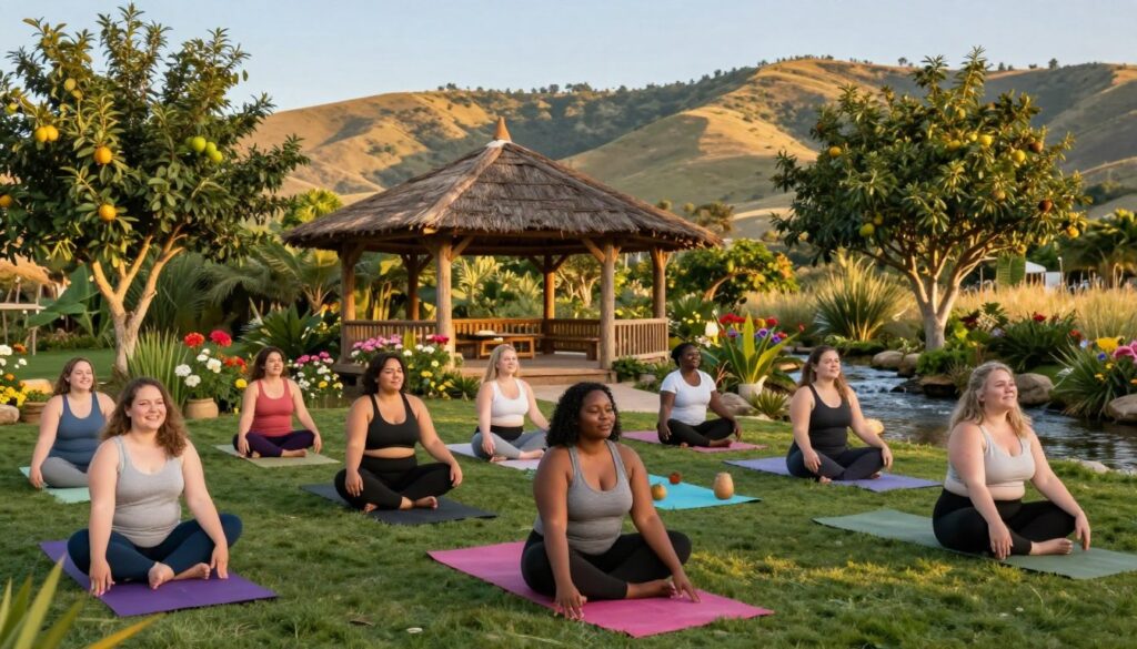 A serene body-positive wellness retreat scene set in a lush, tranquil environment. In the foreground, a diverse group of plus-sized individuals of various ethnicities engage in yoga on colorful mats, dressed in modest athleisure wear. They exude joy and self-acceptance, with smiles and relaxed postures. The middle ground features a rustic wooden pavilion surrounded by vibrant flowers, fruit trees, and a gentle stream, inviting a sense of harmony with nature. In the background, soft, sunlit hills rise under a clear blue sky, imparting warmth and positivity. The lighting is soft and golden, hinting at a late afternoon sun, with a focus on creating an uplifting and welcoming atmosphere. The composition is shot from a slightly elevated angle, offering a comprehensive view of the retreat's beauty and inclusiveness.