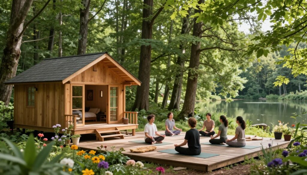 A serene digital detox retreat set in a lush, green forest. In the foreground, a cozy wooden cabin with a minimalist design, invitingly open and surrounded by vibrant flowers. In the middle, a small group of individuals dressed in comfortable, modest casual clothing engaged in mindfulness activities like yoga and meditation on a rustic deck. Soft natural light filters through the tree canopy, casting gentle shadows, enhancing the tranquil atmosphere. In the background, tall, majestic trees create a sense of privacy and connection with nature. A tranquil lake reflects the stunning surroundings, accentuating the calming vibe. The overall mood is peaceful and rejuvenating, perfectly encapsulating the essence of a digital detox experience.