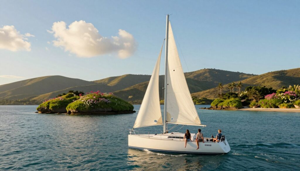 A serene eco-conscious sailing adventure on calm turquoise waters, featuring a sleek, modern sailboat gliding smoothly with billowing white sails. In the foreground, a young adult couple, dressed in modest casual clothing, is enjoying the tranquility while leaning over the side, gazing into the water. The middle ground showcases the boat navigating past lush green islands dotted with vibrant wildflowers and gentle waves lapping against the hull. In the background, soft, rolling hills ascend into a clear blue sky, where a few fluffy, white clouds drift leisurely. The image is illuminated with warm, golden sunlight, casting a peaceful glow over the scene, evoking feelings of relaxation and connection with nature, captured from a slightly elevated angle to emphasize both the boat and the breathtaking landscape.