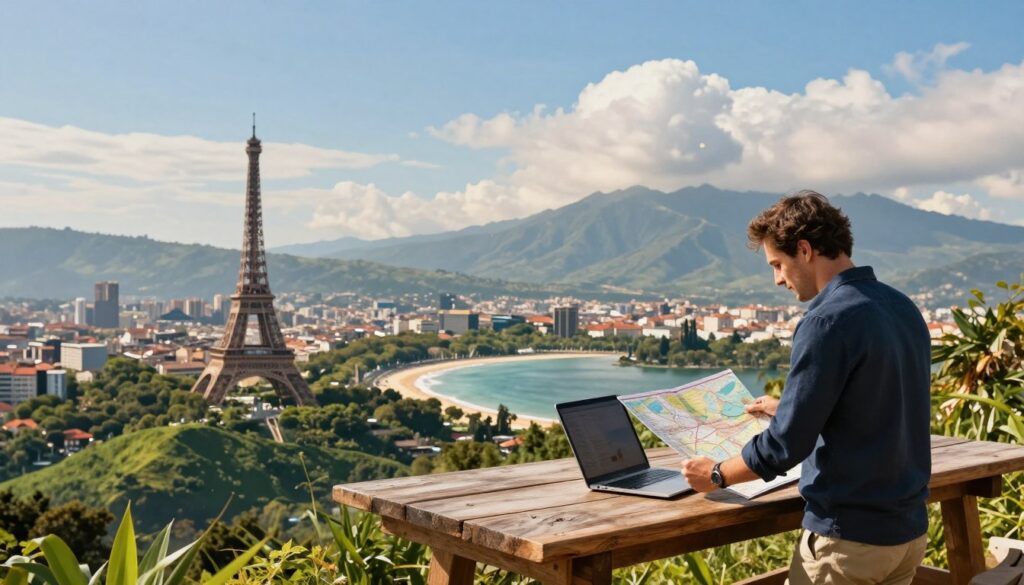 A serene landscape depicting various global destinations ideal for extended professional sabbaticals. In the foreground, a professional individual in smart casual attire stands at a rustic wooden table, reviewing a map and laptop, symbolizing planning for the journey. In the middle ground, lush green hills and vibrant cityscapes mix, showcasing iconic landmarks from different continents like the Eiffel Tower, a picturesque beach in Bali, and tranquil mountains of the Andes. The background features a clear blue sky with soft, fluffy clouds, creating an inviting atmosphere. Warm, natural lighting enhances the scene, evoking a feeling of inspiration and adventure. The composition is shot from a slightly elevated angle, inviting viewers to envision their own sabbatical journey. A serene landscape depicting various global destinations ideal for extended professional sabbaticals. In the foreground, a professional individual in smart casual attire stands at a rustic wooden table, reviewing a map and laptop, symbolizing planning for the journey. In the middle ground, lush green hills and vibrant cityscapes mix, showcasing iconic landmarks from different continents like the Eiffel Tower, a picturesque beach in Bali, and tranquil mountains of the Andes. The background features a clear blue sky with soft, fluffy clouds, creating an inviting atmosphere. Warm, natural lighting enhances the scene, evoking a feeling of inspiration and adventure. The composition is shot from a slightly elevated angle, inviting viewers to envision their own sabbatical journey.