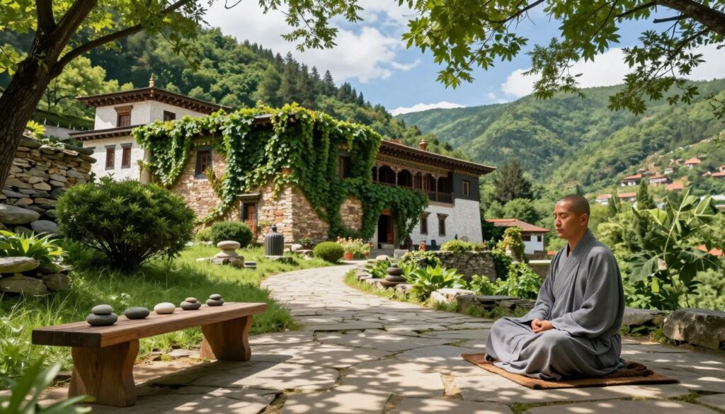 A serene monastery nestled in lush green hills, surrounded by tranquil nature. In the foreground, a meditative space features a simple wooden bench and an arrangement of smooth stones, symbolizing mindfulness. The middle ground shows a peaceful monk dressed in modest, flowing robes, seated in contemplation with eyes closed, embodying inner peace. Soft, diffused sunlight filters through the leaves, casting gentle, dappled patterns on the stone pathway. In the background, ancient stone walls of the monastery are partially draped in climbing ivy, with a clear blue sky emerging above, creating a harmonious and uplifting atmosphere. The composition is framed with a wide-angle lens to emphasize the expansive beauty of the surroundings, evoking a sense of deep tranquility and spiritual recharge.