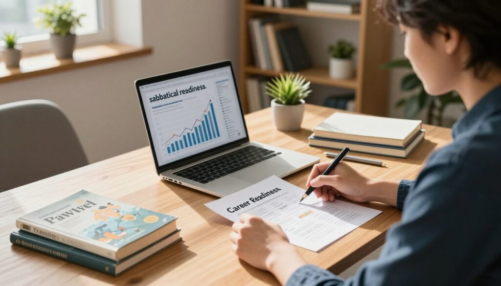 A serene office space bathed in warm, natural light, illustrating the concept of "sabbatical readiness." In the foreground, a person dressed in smart casual attire sits at a wooden desk, reviewing a financial plan and a career roadmap with focused determination. The middle layer features an open laptop displaying graphs and charts, symbolizing financial assessments and career progression. Various personal items, like a travel guide and motivational books, hint at future plans. The background shows a neatly organized bookshelf and houseplants, enhancing a sense of calm and reflection. The overall atmosphere is one of thoughtful preparation and optimism, with soft shadows and a cozy ambiance creating a feeling of readiness for new adventures. A serene office space bathed in warm, natural light, illustrating the concept of "sabbatical readiness." In the foreground, a person dressed in smart casual attire sits at a wooden desk, reviewing a financial plan and a career roadmap with focused determination. The middle layer features an open laptop displaying graphs and charts, symbolizing financial assessments and career progression. Various personal items, like a travel guide and motivational books, hint at future plans. The background shows a neatly organized bookshelf and houseplants, enhancing a sense of calm and reflection. The overall atmosphere is one of thoughtful preparation and optimism, with soft shadows and a cozy ambiance creating a feeling of readiness for new adventures.