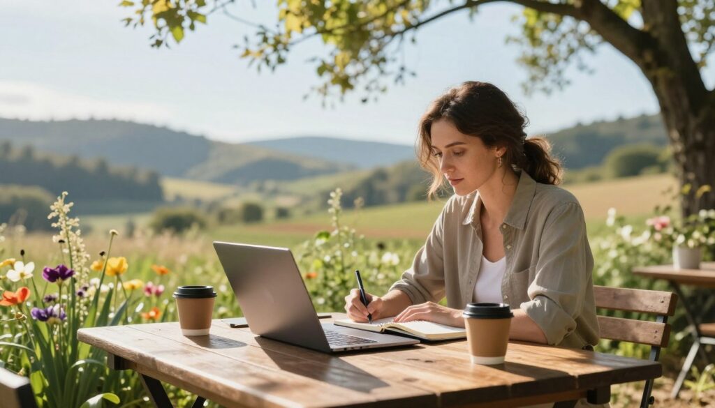 A serene outdoor workspace with a professional woman in modest casual clothing, sitting at a wooden table surrounded by nature, with a laptop, notebook, and coffee cup. In the foreground, vibrant greenery, blooming flowers, and soft sunlight filtering through branches create a tranquil atmosphere. The middle ground features the woman contemplatively writing in her notebook, with an expression of focus and inspiration. In the background, a picturesque landscape with rolling hills and a clear blue sky adds to the sense of exploration and adventure. The lighting is warm and inviting, suggesting a peaceful afternoon. The overall mood conveys a balance of relaxation and purpose, embodying the concept of defining one’s sabbatical purpose. A serene outdoor workspace with a professional woman in modest casual clothing, sitting at a wooden table surrounded by nature, with a laptop, notebook, and coffee cup. In the foreground, vibrant greenery, blooming flowers, and soft sunlight filtering through branches create a tranquil atmosphere. The middle ground features the woman contemplatively writing in her notebook, with an expression of focus and inspiration. In the background, a picturesque landscape with rolling hills and a clear blue sky adds to the sense of exploration and adventure. The lighting is warm and inviting, suggesting a peaceful afternoon. The overall mood conveys a balance of relaxation and purpose, embodying the concept of defining one’s sabbatical purpose.