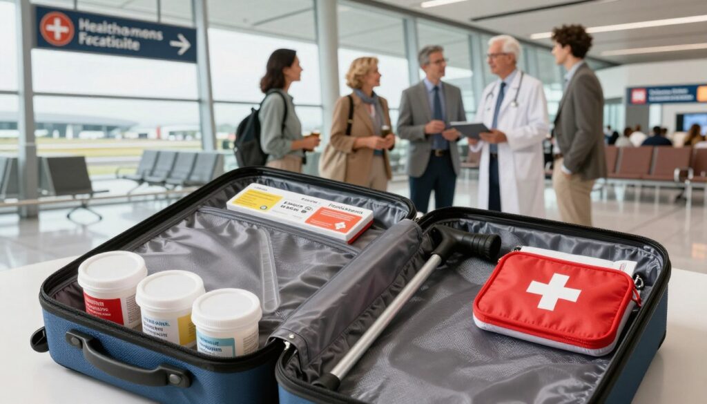 A serene travel scene depicting essential Parkinson's disease travel resources. In the foreground, a well-organized travel kit displaying medication containers, a mobility aid like a lightweight cane, and a travel-friendly first-aid kit. The middle ground features a scenic view of an accessible airport terminal, with clear signage indicating healthcare facilities. In the background, a diverse group of people in professional business attire, including a healthcare provider engaging with a traveler, showcasing support and collaboration. The lighting is bright and welcoming, providing a sense of reassurance and hope. The angle is slightly above eye level, emphasizing the organized and supportive environment, while fostering an atmosphere of empowerment and understanding for travelers with Parkinson’s disease.