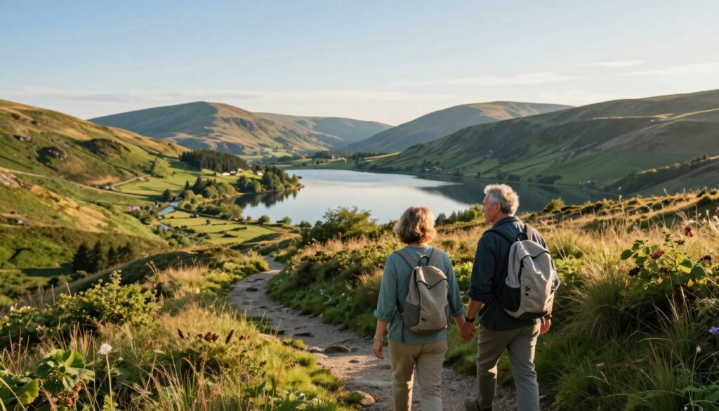 A serene travel scene showcasing an active couple enjoying a gentle hike in a picturesque landscape that reflects the spirit of adventure while managing Parkinson's. In the foreground, a middle-aged man and woman, dressed in comfortable yet stylish casual clothing, are walking hand-in-hand on a winding trail surrounded by lush greenery. The woman carries a lightweight backpack, symbolizing their travel journey. In the middle ground, soft rolling hills lead to a scenic viewpoint with a tranquil lake reflecting the clear blue sky. The background reveals distant mountains, bathed in warm golden sunlight, creating a peaceful atmosphere. Use soft, natural lighting to enhance a sense of calm and inspiration, capturing the essence of restorative travel. The angle should be slightly elevated to encompass both the couple and the beautiful landscape around them.