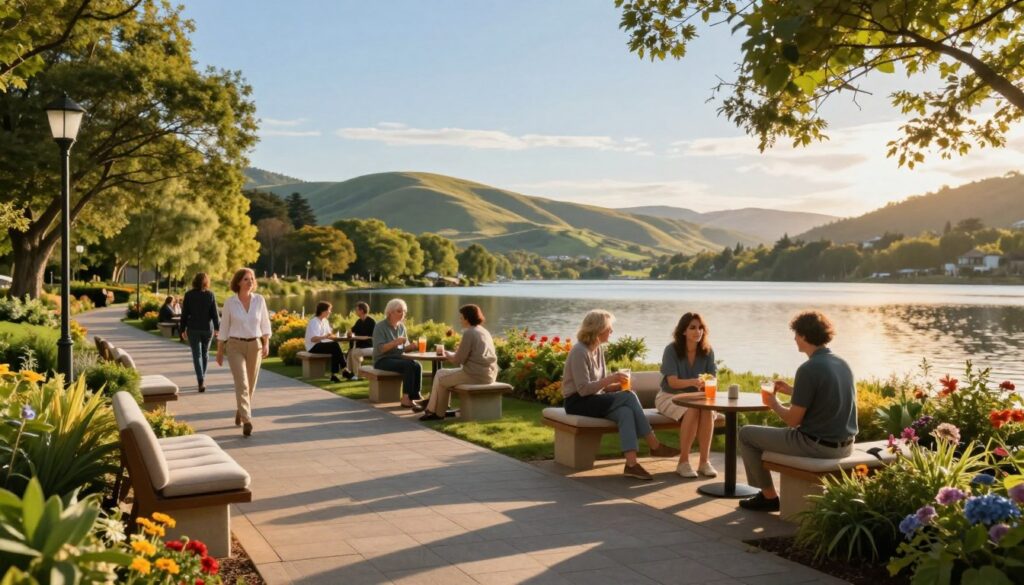 A serene wellness tourism destination designed for individuals managing Parkinson's disease. In the foreground, a tranquil path lined with gentle, accessible walking surfaces and soft benches invites leisurely strolls. Lush greenery and colorful flower beds harmoniously flank the path, offering a peaceful ambiance. In the middle ground, a cozy outdoor seating area features people enjoying healthy beverages, dressed in modest casual clothing, engaging in light conversation. The background reveals soft, rolling hills under a clear blue sky, with a calming lake reflecting the sunlight. Golden hour lighting bathes the scene in a warm glow, enhancing the atmosphere of comfort and serenity. The overall mood is inviting and supportive, embodying wellness and relaxation for travelers seeking to harmonize their health while exploring new destinations.