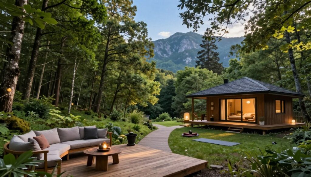 A serene wilderness retreat setting showcasing a tranquil cabin surrounded by lush green forests and tall trees. In the foreground, a cozy wooden deck with comfortable seating and calming natural decor invites visitors to relax. In the middle ground, softly lit pathways meander through the trees, leading to meditation spots with yoga mats and gentle fountains, inviting a sense of peace and connection with nature. The background features majestic mountains under a clear blue sky, with sunlight filtering through the branches, casting dappled shadows. The atmosphere is calming and rejuvenating, designed for a digital detox experience, emphasizing simplicity and harmony with the natural world. The image captures the essence of unplugging and recharging in a beautiful natural environment.
