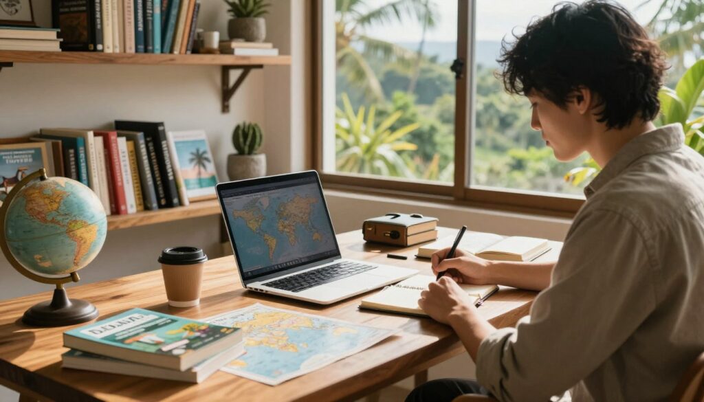 A serene workspace designed for sabbatical planning, featuring a wooden desk with an open laptop, travel guides, and a world map. In the foreground, a person in smart casual attire is thoughtfully jotting down notes, surrounded by travel-related items like a coffee cup and a small globe. The middle layer shows shelves filled with books on slow travel and digital nomadism. In the background, a large window offers a breathtaking view of a tropical landscape, symbolizing freedom and adventure. Natural sunlight spills into the scene, creating a warm, inspiring atmosphere. The lens captures a slightly angled perspective, emphasizing the subject’s focus and ambition while framing the tranquil setting that invites creativity and planning. A serene workspace designed for sabbatical planning, featuring a wooden desk with an open laptop, travel guides, and a world map. In the foreground, a person in smart casual attire is thoughtfully jotting down notes, surrounded by travel-related items like a coffee cup and a small globe. The middle layer shows shelves filled with books on slow travel and digital nomadism. In the background, a large window offers a breathtaking view of a tropical landscape, symbolizing freedom and adventure. Natural sunlight spills into the scene, creating a warm, inspiring atmosphere. The lens captures a slightly angled perspective, emphasizing the subject’s focus and ambition while framing the tranquil setting that invites creativity and planning.