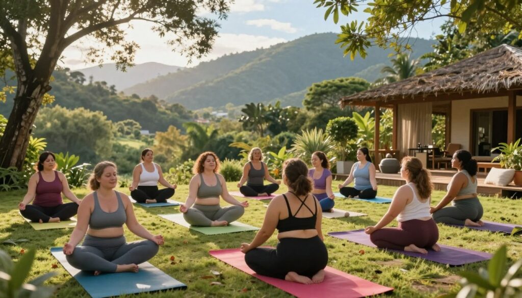 A serene yoga retreat setting surrounded by lush greenery and gentle hills. In the foreground, a diverse group of plus-size individuals practicing yoga on mats with vibrant colors, dressed in modest, comfortable athletic attire. The middle ground features soft, natural light streaming through trees, illuminating the scene. A cozy, welcoming outdoor space with wooden decks and cushions invites relaxation and meditation. In the background, a peaceful mountain range under a clear blue sky creates a tranquil atmosphere. The image captures a sense of inclusivity, serenity, and connection with nature, evoking feelings of harmony and well-being. Soft, warm lighting enhances the inviting ambiance, while a slightly elevated angle provides a comprehensive view of participants engaging joyfully in their practices.