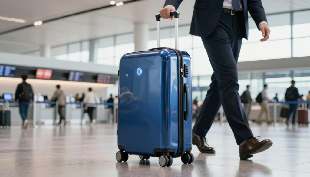 A sleek and modern Cowarobot R1 smart luggage stands prominently in the foreground, showcasing its innovative design with a smooth, glossy exterior in a deep blue color. The suitcase features intuitive buttons and charging ports, along with a built-in LED light subtly illuminating the front. In the middle ground, the suitcase is seen effortlessly following a professional individual in smart business attire, exuding a sense of harmony and partnership. The background displays a bustling airport terminal with travelers, check-in counters, and large windows letting in natural light. The mood is dynamic and futuristic, highlighting the convenience of tech-savvy travel. Soft, diffused lighting accentuates the details of the suitcase, while a low-angle perspective emphasizes its cutting-edge features and adds depth to the scene.