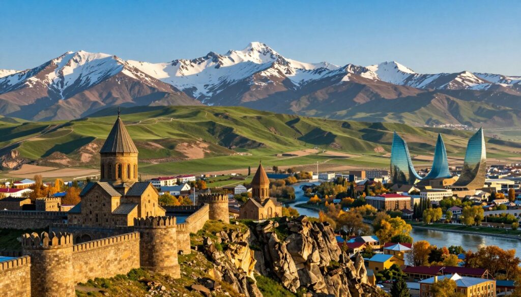 A stunning comparison of the Caucasus region featuring Georgia, Armenia, and Azerbaijan. In the foreground, showcase iconic landmarks: the ancient Narikala Fortress from Tbilisi, the stunning cliffs of Garni Temple in Armenia, and the Flame Towers of Baku. In the middle ground, vibrant valleys and picturesque landscapes merge, with lush green hills and winding rivers. Capture the diversity of culture with traditional architecture and hints of local life. In the background, majestic snow-capped Caucasus mountains rise against a clear blue sky, illuminated by warm golden sunlight, creating a serene and inviting atmosphere. Use a wide-angle lens to enhance the expansive view and maintain a bright, uplifting mood. Ensure no text or watermarks distract from the beauty of this travel inspiration image.