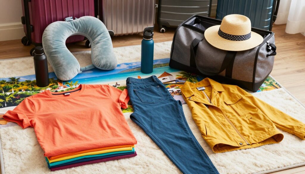 A stylish collection of plus size travel essentials arranged on a neatly folded travel blanket. In the foreground, display an array of colorful, comfortable clothing items including a vibrant oversized t-shirt, stretchable pants, and a lightweight jacket. A sturdy, fashionable travel bag should be open, showcasing accessories like a travel pillow, an insulated water bottle, and a chic sun hat. In the middle, feature a vibrant landscape with hints of popular travel destinations, such as a beach or a park, creating a sense of wanderlust. The background should include subtle hints of high-quality luggage and footwear suitable for various terrains. Soft, natural lighting enhances the scene, creating a warm, inviting atmosphere. The composition showcases practicality blended with style, appealing to plus size travelers seeking comfort and flair.