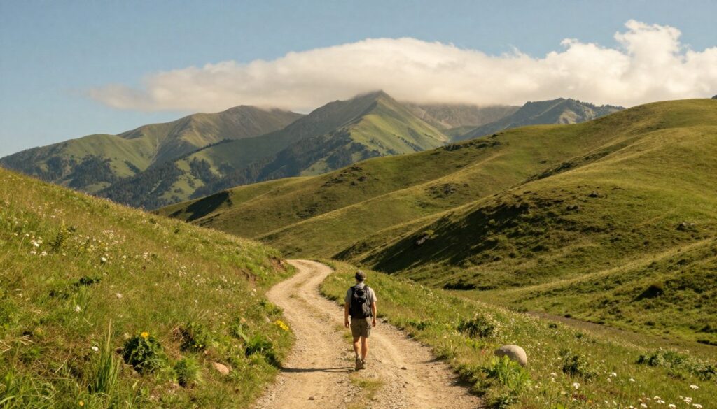 A tranquil remote landscape featuring a serene pilgrimage walk, with a winding dirt path leading through lush green hills under a clear blue sky. In the foreground, a lone traveler wearing modest hiking attire walks peacefully, absorbing the calm atmosphere. The middle ground showcases gentle slopes dotted with wildflowers, reflecting the beauty of untouched nature. In the background, towering mountains loom, partially shrouded in soft clouds, adding a sense of majesty and isolation. Warm, golden sunlight bathes the scene, creating a peaceful and inviting mood. The composition captures a sense of escape and reflection, perfect for a digital detox experience. The image should evoke feelings of serenity and connection with nature, highlighting the beauty of being unplugged.