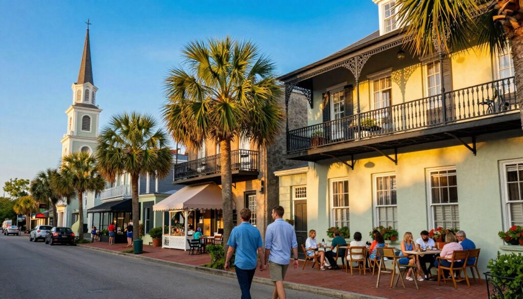 A vibrant Charleston neighborhood scene showcasing charming historic homes lined with pastel-colored exteriors and wrought-iron balconies. In the foreground, a couple in smart casual attire strolls hand in hand, enjoying the local atmosphere. The middle ground features a lively street with palm trees swaying gently and small boutiques and cafes with outdoor seating, inviting people to relax. In the background, the iconic steeples and arches of Charleston's historic church architecture rise against a clear, bright blue sky. Warm, golden hour lighting casts a soft glow, enhancing the inviting ambiance. The overall mood is warm and welcoming, perfect for travelers seeking the best places to stay in Charleston.