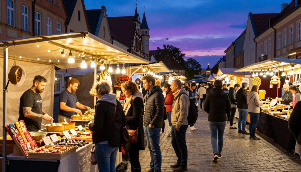 A vibrant European night market scene brimming with life and color. In the foreground, a variety of stalls showcase artisanal goods, local delicacies, and handicrafts, illuminated by warm, hanging fairy lights casting a golden glow. A diverse group of people, dressed in stylish casual attire, browse and interact, their faces reflecting wonder and curiosity. In the middle ground, vendors enthusiastically display their products, with fragrant food being prepared and sampled, creating an inviting atmosphere. The background features charming, historic architecture, with cobblestone streets shimmering under a twilight sky painted in hues of deep blue and soft purple. Capture this moment from a slightly elevated angle to encompass the bustle and energy while highlighting the enchanting ambiance of the market.