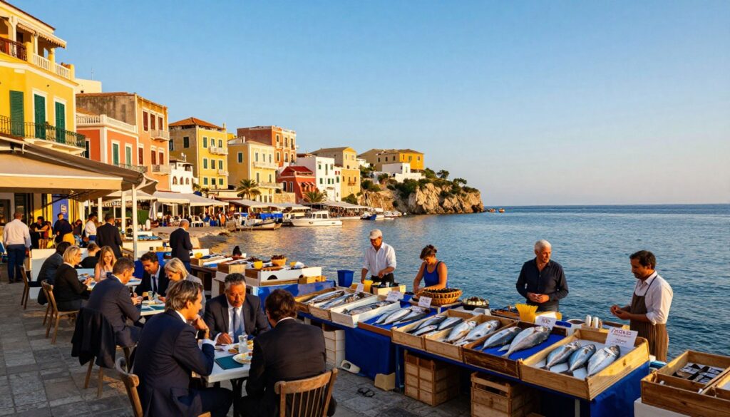 A vibrant Mediterranean port scene featuring alternative port cities, showcasing colorful buildings with traditional architecture, bustling markets, and serene waterfronts. In the foreground, include quaint cafés with outdoor seating filled with people in professional business attire enjoying conversations. The middle ground reveals a lively fish market with fresh catches of the day displayed in wooden crates, surrounded by cheerful vendors. The background highlights charming cliffs and azure waters under a clear blue sky, illuminated by warm, golden sunlight at sunset, creating a tranquil and inviting atmosphere. Capture this scene with a wide-angle lens to enhance depth, emphasizing the lively interactions and picturesque landscape, inviting viewers to imagine their own adventure.