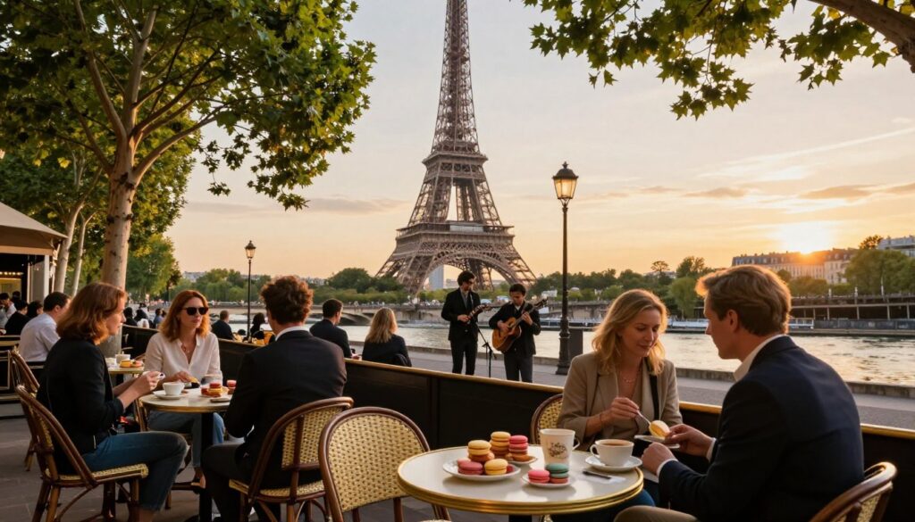 A vibrant Paris street scene capturing the essence of sensory experiences. In the foreground, a charming café terrace with small, round tables adorned with colorful macarons and delicate pastries, with patrons elegantly dressed in casual yet refined clothing, sipping coffee. The middle ground features the iconic Eiffel Tower looming gracefully, surrounded by lush green trees, while street musicians play melodious tunes, amplifying the ambiance. In the background, soft, golden sunset lighting casts a warm glow over the cityscape, with vintage Parisian buildings and the Seine River reflecting the fading light. The atmosphere is lively yet serene, evoking a sense of romance and cultural depth, inviting viewers to savor the moment and feel transported to the heart of Paris. Use a wide-angle lens to capture the sweeping view, emphasizing the bustling yet intimate vibe.