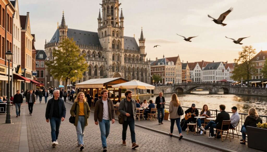A vibrant and dynamic European city soundscape, featuring diverse elements symbolizing the unique auditory experiences of three distinct destinations. In the foreground, a cobblestone street bustling with pedestrians dressed in smart casual attire, capturing the essence of daily life. The middle ground showcases iconic architectural landmarks like a cathedral, a quaint café with outdoor seating, and musicians performing, adding a rich layer to the atmosphere. In the background, a serene canal reflects soft sunlight, while birds take flight overhead, enriching the soundscape imagery. The scene is illuminated by warm, golden hour lighting, creating a cozy, inviting mood. The perspective is slightly elevated, providing a broad view that invites the viewer to immerse themselves in the vibrant sounds and sights of the city.