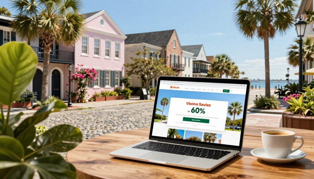 A vibrant and inviting scene capturing a beautifully designed laptop displaying a Klook promo link for Charleston, prominently featured in the foreground. The laptop sits on a stylish wooden table adorned with tropical plants and a coffee cup, exuding a cozy travel planning atmosphere. In the middle ground, a scenic view of Charleston's historic architecture showcases iconic pastel-colored buildings, cobblestone streets, and blooming gardens under bright blue skies. The background includes a hint of a sunny waterfront, creating a serene backdrop. Soft, warm lighting illuminates the scene, suggesting a leisurely afternoon vibe. The overall mood is one of excitement and anticipation for travel, inviting viewers to envision their Charleston getaway while enjoying significant savings of up to 60%.