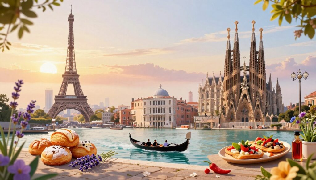 A vibrant composition showcasing the signature scents of three European cities: Paris, Venice, and Barcelona. In the foreground, delicate illustrations of iconic scents: fresh pastries and lavender from Paris, the salty breeze and gondolas from Venice, and the spicy aromas of tapas and flowers from Barcelona. The middle ground features stylized representations of the cities' landmarks—Eiffel Tower, Grand Canal, and Sagrada Familia—bathed in soft, golden sunrise light. The background captures a dreamy, atmospheric skyline with gently blended colors reflecting early morning fog and warmth. The lens focuses on a picturesque street adorned with flowers and aromatic herbs, creating an enchanting olfactory journey. The mood is inviting and reflective, evoking a sense of nostalgia and wanderlust, perfect for an exploration of sensory experiences in these beautiful cities.