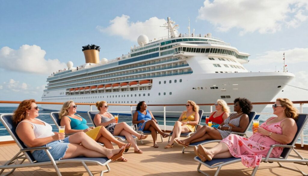 A vibrant cruise scene showcasing plus-size travelers enjoying their vacation. In the foreground, a diverse group of individuals, dressed in stylish summer clothing, are relaxing on a spacious deck with comfortable lounge chairs and refreshing drinks. In the middle ground, a luxurious cruise ship is anchored, featuring broad walkways and ample amenities tailored for comfort. Bright blue skies and fluffy white clouds fill the background, creating a serene atmosphere. The sun shines warmly, casting soft highlights on the ship's exterior and the joyful faces of travelers. The overall mood is inviting and relaxing, emphasizing inclusivity and enjoyment for plus-size individuals on a cruise. Capture the scene with a warm, soft lighting effect and a wide-angle perspective to convey openness and leisurely comfort.