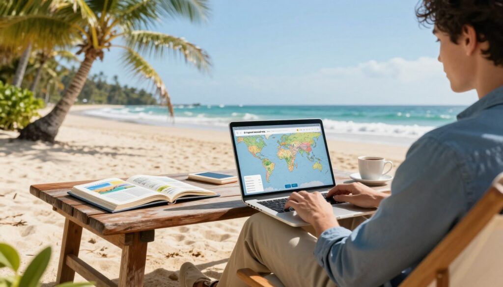 A vibrant digital workspace set on a tropical beach, featuring a laptop open to a map showcasing various countries known for their digital nomad visas. In the foreground, a professional individual in smart casual attire, sitting on a sunbed, is focused on their screen. The middle layer displays a rustic wooden table adorned with a travel guide, notebook, and coffee cup. In the background, palm trees sway gently under a bright blue sky, with the ocean waves softly crashing on the shore, creating a serene atmosphere. The lighting is warm and inviting, evoking a sense of adventure and possibility. The angle captures both the individual's concentration and the idyllic surroundings, illustrating the freedom and flexibility of the digital nomad lifestyle. A vibrant digital workspace set on a tropical beach, featuring a laptop open to a map showcasing various countries known for their digital nomad visas. In the foreground, a professional individual in smart casual attire, sitting on a sunbed, is focused on their screen. The middle layer displays a rustic wooden table adorned with a travel guide, notebook, and coffee cup. In the background, palm trees sway gently under a bright blue sky, with the ocean waves softly crashing on the shore, creating a serene atmosphere. The lighting is warm and inviting, evoking a sense of adventure and possibility. The angle captures both the individual's concentration and the idyllic surroundings, illustrating the freedom and flexibility of the digital nomad lifestyle.