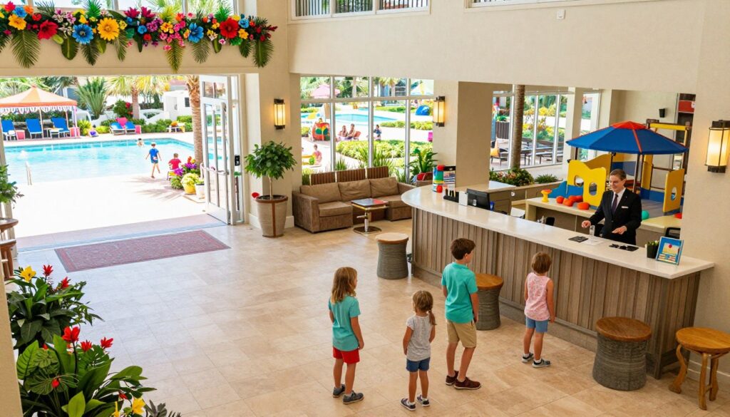 A vibrant family-friendly hotel scene in Savannah, GA, showcasing a welcoming entrance adorned with colorful flowers and playful decorations. In the foreground, a happy family of four, including two children, dressed in casual, modest clothing, explores the reception area. The middle ground features a spacious lobby with inviting seating areas, a friendly concierge, and a play corner filled with toys. In the background, large windows reveal a sunny outdoor pool surrounded by palm trees, with families enjoying their time. Bright, natural lighting floods the scene, creating a cheerful atmosphere. The camera angle is slightly elevated, capturing both the excitement of the family and the warm, inviting essence of the hotel, emphasizing its family-centered amenities and charm.