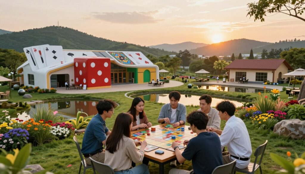 A vibrant, inviting themed gaming resort set in an idyllic landscape. In the foreground, a diverse group of people in casual yet smart clothing is playing board games at an outdoor table, animatedly discussing strategies. The middle ground features a unique building styled like a giant game piece, with intricate details resembling dice and playing cards. Lush greenery surrounds the resort, dotted with colorful flowers and a small pond reflecting the sky. In the background, rolling hills and a sunset sky provide a warm glow, enhancing the relaxed, playful atmosphere. The scene is illuminated by soft, golden lighting as if during the golden hour, capturing a sense of joy and community among board game enthusiasts. The angle should be slightly elevated to give an expansive view of the resort's engaging layout.