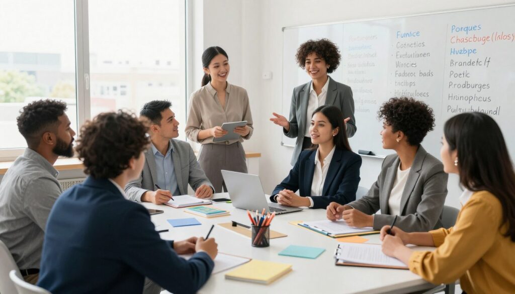 A vibrant language immersion classroom setting showcasing diverse adult learners engaged in language practice. In the foreground, a small group of students of various ethnic backgrounds, dressed in professional business attire, are participating in a lively discussion around a table covered in language learning materials. The middle ground features a whiteboard filled with vocabulary and phrases in various languages, with a friendly instructor guiding the session. The background captures a bright window with natural light streaming in, illuminating the classroom atmosphere. Soft, inviting colors dominate the scene, conveying motivation and collaboration. The overall mood is one of enthusiasm and cultural exchange, reflecting the enriching experience of language immersion programming. A vibrant language immersion classroom setting showcasing diverse adult learners engaged in language practice. In the foreground, a small group of students of various ethnic backgrounds, dressed in professional business attire, are participating in a lively discussion around a table covered in language learning materials. The middle ground features a whiteboard filled with vocabulary and phrases in various languages, with a friendly instructor guiding the session. The background captures a bright window with natural light streaming in, illuminating the classroom atmosphere. Soft, inviting colors dominate the scene, conveying motivation and collaboration. The overall mood is one of enthusiasm and cultural exchange, reflecting the enriching experience of language immersion programming.