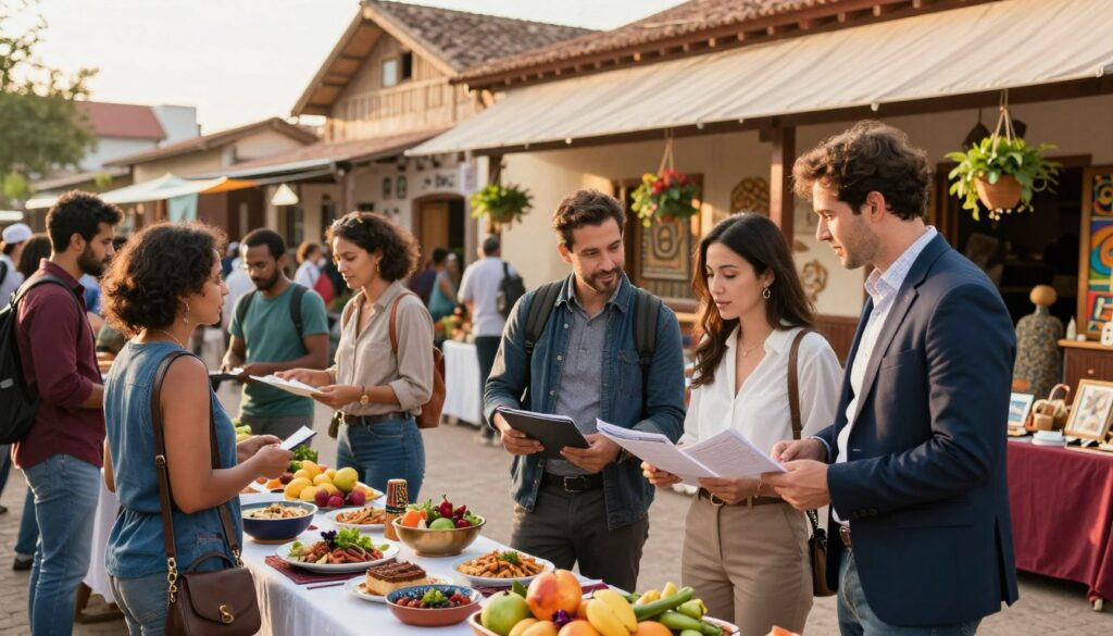 A vibrant local market scene bustling with diverse individuals of various ethnicities engaging in community activities. In the foreground, a group of three professionals, two men and one woman, dressed in casual business attire, are discussing travel itineraries and sharing local tips over a table adorned with freshly prepared dishes, colorful fruits, and artisanal crafts. In the middle ground, locals are interacting, helping travelers, and giving a sense of community interconnectedness. The background features charming, rustic buildings, with hanging plants and local artwork, under warm, golden hour lighting that enhances the inviting atmosphere. The scene conveys a sense of collaboration and cultural exchange, emphasizing the joy of slow travel and community building. Use a wide-angle lens to capture both the details and the broader social interactions, creating an engaging and vibrant composition. A vibrant local market scene bustling with diverse individuals of various ethnicities engaging in community activities. In the foreground, a group of three professionals, two men and one woman, dressed in casual business attire, are discussing travel itineraries and sharing local tips over a table adorned with freshly prepared dishes, colorful fruits, and artisanal crafts. In the middle ground, locals are interacting, helping travelers, and giving a sense of community interconnectedness. The background features charming, rustic buildings, with hanging plants and local artwork, under warm, golden hour lighting that enhances the inviting atmosphere. The scene conveys a sense of collaboration and cultural exchange, emphasizing the joy of slow travel and community building. Use a wide-angle lens to capture both the details and the broader social interactions, creating an engaging and vibrant composition.