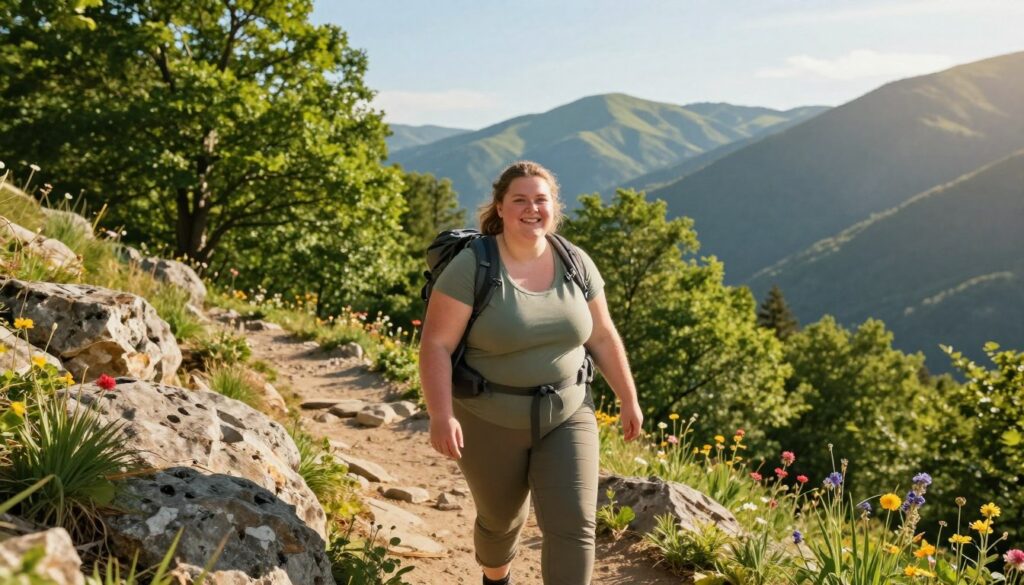 A vibrant outdoor scene showcasing a plus-size individual engaged in adventurous travel activities, such as hiking on a scenic mountain trail. In the foreground, the individual, dressed in comfortable, modest outdoor attire, is smiling and looking confidently at the camera, surrounded by nature. In the middle ground, lush green trees and rugged rocky terrain enhance the feeling of adventure, while a few colorful wildflowers add a pop of color. The background features a breathtaking mountain landscape under a clear blue sky with soft, warm sunlight illuminating the scene. The perspective is slightly from below, capturing the grandeur of the environment and conveying a sense of exploration and positivity. The overall mood is inspiring and empowering, emphasizing the joy of adventure travel for plus-size individuals.