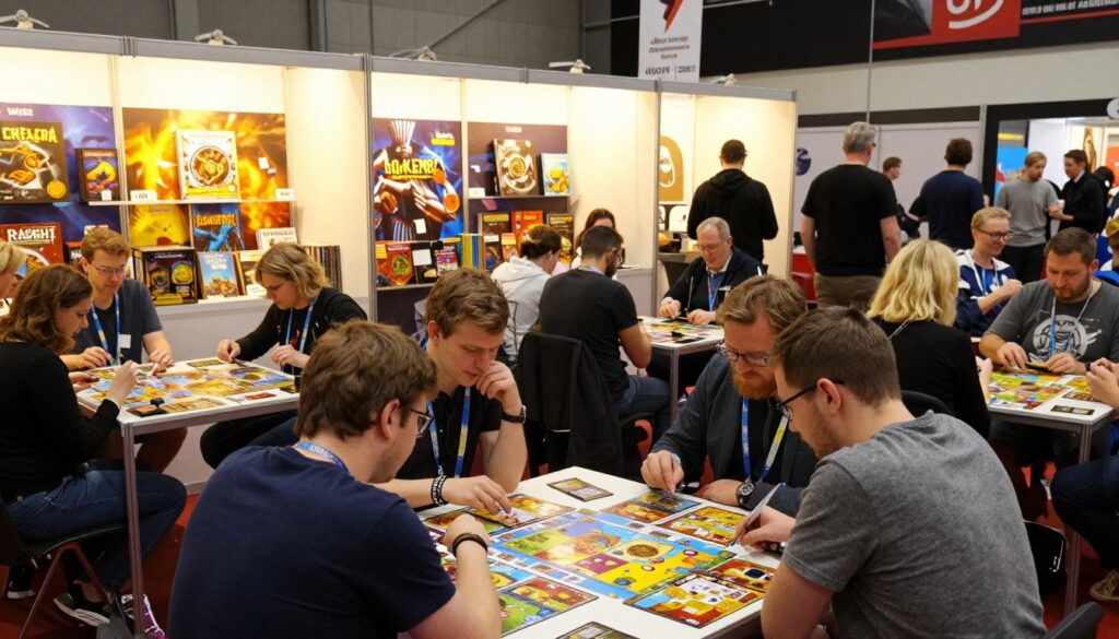 A vibrant scene capturing the energetic atmosphere of the Essen Spiel board gaming convention in Essen, Germany. In the foreground, a diverse group of people of various ages and ethnicities enthusiastically plays tabletop games, immersed in strategy and fun. Each person is dressed in casual, comfortable attire, reflecting a relaxed yet focused mood. The middle ground features colorful game booths showcasing an array of board games, with intricate designs and packaging visible. Background elements include banners and signage promoting the event, softly illuminated by warm lighting that creates an inviting ambiance. A wide-angle perspective allows for a panoramic view of the bustling convention hall, filled with visitors engaging in gameplay and conversations. The overall atmosphere is cheerful, dynamic, and inclusive, celebrating the joy of board gaming culture.