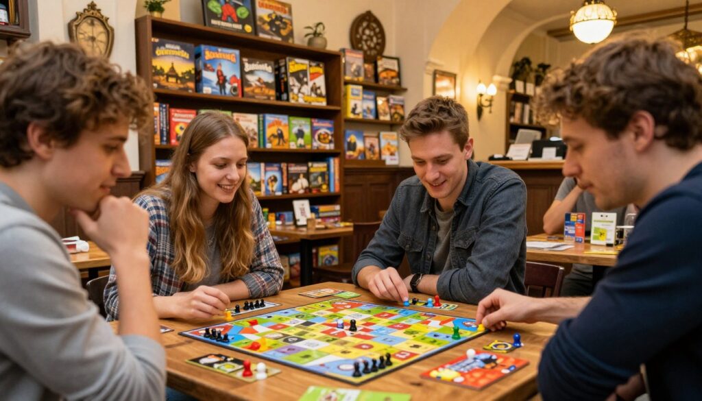 A vibrant scene depicting a cozy board game café in Prague, featuring a wooden table strewn with colorful board games and player pieces. In the foreground, a couple of friends, dressed in casual attire, are intensely engaged in a strategy game, their expressions a mix of concentration and joy. In the middle ground, shelves filled with various board games showcase the café's extensive collection. The background features the café’s charming architecture, with traditional Czech decor and warm, inviting lighting casting a golden glow over the entire scene. The atmosphere is lively yet relaxed, with a hint of Prague's rich cultural heritage infused into the essence of gaming. Use a soft focus lens to enhance the connection between the players and their games.