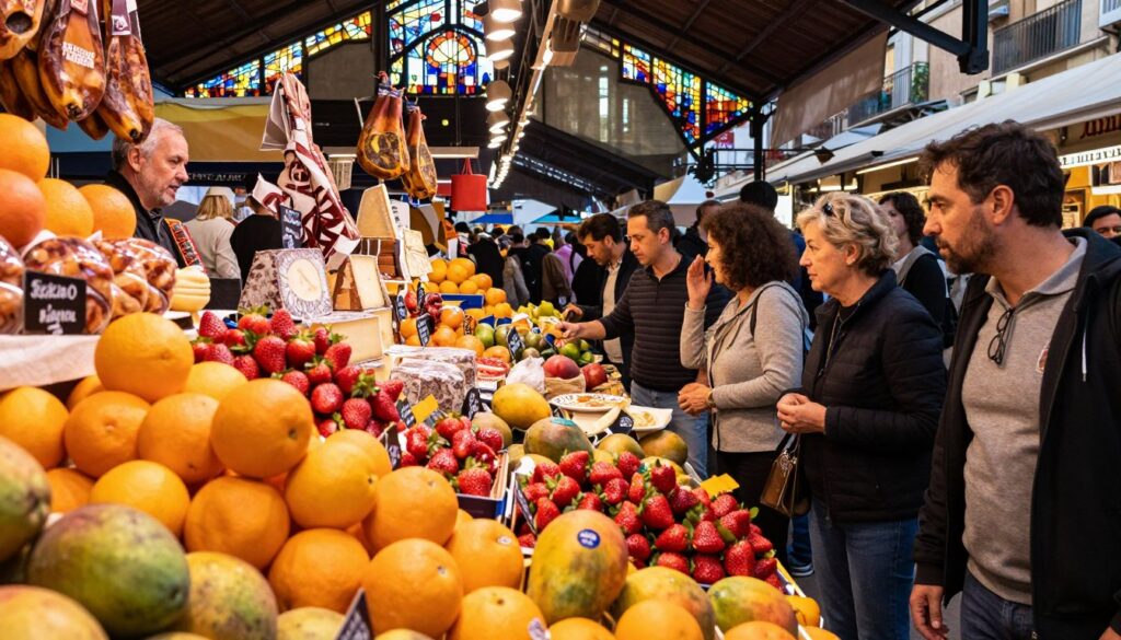 A vibrant scene of Barcelona's La Boqueria Market, bustling with life. In the foreground, colorful fruit stalls overflowing with fresh produce, including vibrant oranges, luscious strawberries, and exotic mangos. Shoppers in modest casual clothing explore the stalls, their expressions reflecting delight and curiosity. In the middle ground, a diverse array of local delicacies displayed beautifully, showcasing cured meats and artisanal cheeses with intricate details. The background features the iconic market architecture, with stained glass and wood accents catching the afternoon sunlight. Bright, warm lighting creates a cheerful atmosphere, with soft shadows enhancing the depth. The angle captures a slightly elevated view, immersing the viewer in the lively essence of this sensory fiesta, inviting them to experience the flavors and vibrancy of Barcelona.