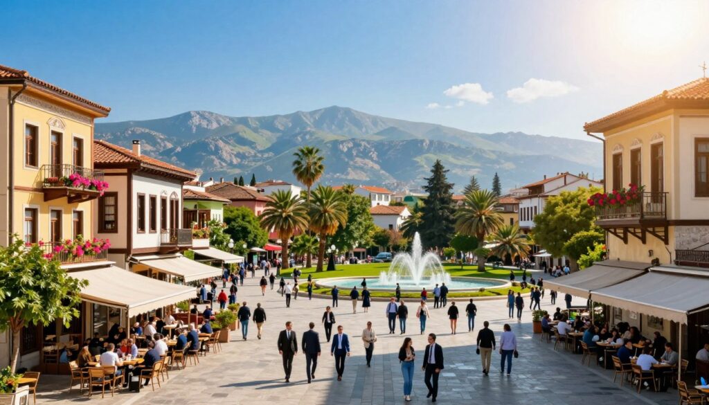 A vibrant scene of Tirana, Albania, showcasing the city's unique Mediterranean charm. In the foreground, colorful buildings with intricate architecture, adorned with flowering balconies, create a lively atmosphere. A bustling plaza filled with people in professional business attire and modest casual clothing enjoying their day, while cafes with outdoor seating invite passersby. In the middle ground, a lush park features palm trees and fountains, providing a tranquil escape. The background reveals the distant Dajti Mountain range under a clear blue sky, with soft sunlight streaming through. The scene captures the warmth and vivacity of this unexpected gem, conveying a sense of exploration and discovery in a charming Mediterranean setting. Use a wide-angle lens to enhance depth and drama.