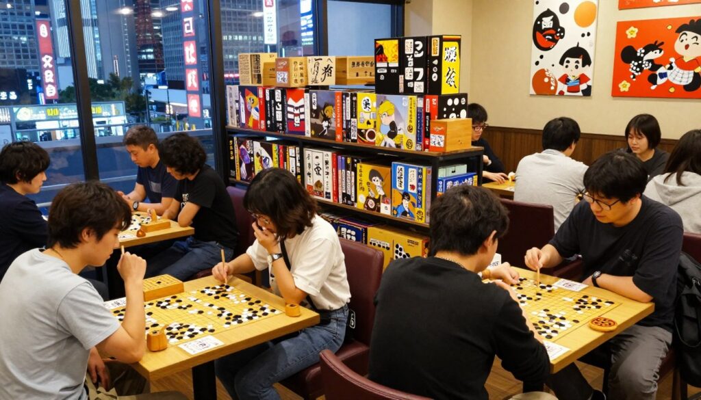 A vibrant scene showcasing Tokyo's unique board game culture, blending traditional and modern elements. In the foreground, a diverse group of people, including young adults and families, are engrossed in classic Japanese board games like Go and Shogi, as well as contemporary tabletop games. They are seated at stylish tables in a cozy, bustling board game café adorned with colorful game boxes and Japanese artwork. In the middle, display shelves filled with both traditional wooden games and the latest modern board games, creating a rich, engaging atmosphere. The background features a glimpse of Tokyo's neon-lit skyline, with glimpses of famous landmarks like Tokyo Tower. Soft, warm lighting highlights the interaction and excitement of players, creating an inviting ambiance that encapsulates Tokyo’s passion for gaming. Capture the scene from a slightly elevated angle, emphasizing the camaraderie shared in this unique cultural blend.