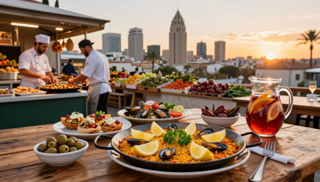A vibrant scene showcasing Valencia's renowned food scene, featuring a rustic wooden table filled with an array of traditional dishes like paella, tapas, and fresh seafood. In the foreground, a colorful plate of paella stands out, garnished with lemon wedges and bright green parsley. Surrounding dishes include small bowls of olives, chorizo, and a pitcher of sangria, capturing the essence of Mediterranean dining. In the middle ground, cheerful chefs in modest, professional attire prepare food in a bustling local market filled with fresh produce and spices. The background reveals the iconic Valencia skyline at sunset, illuminated with warm, golden light that enhances the inviting atmosphere. The overall mood is lively and inviting, celebrating Valencia's culinary paradise.