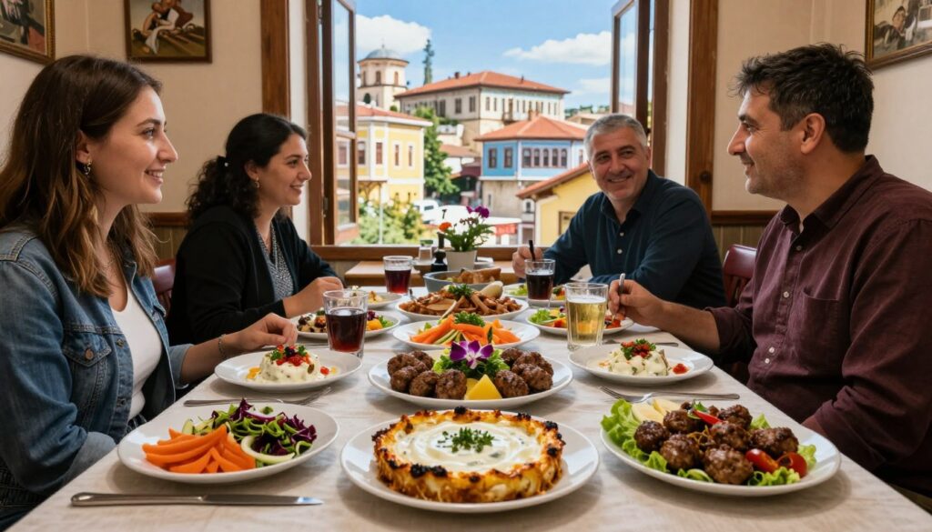 A vibrant scene showcasing a spread of traditional Albanian cuisine set in a cozy, rustic restaurant in Tirana. In the foreground, an inviting table is adorned with various dishes such as tavë kosi (baked lamb and yogurt), qoftë (meatballs), and fresh salads, accented with colorful local ingredients. The middle ground features warm, smiling locals dressed in modest casual clothing, engaged in lively conversation as they enjoy their meal. The background reveals a glimpse of Tirana's charming architecture, with colorful buildings and historical landmarks silhouetted against a bright blue sky. Soft, natural lighting filters through the window, creating a warm and welcoming atmosphere, inviting viewers to explore the rich cultural heritage through its cuisine.