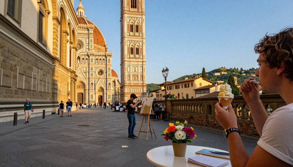 A vibrant street scene in Florence during the golden hour, showcasing the breathtaking architecture of the Duomo and charming cobblestone streets. In the foreground, a locally-dressed person holds a cup of gelato, savoring the flavors, while a small table is adorned with vivid flowers. In the middle ground, artists paint the picturesque landscape, capturing the essence of the Renaissance with their canvases. The background features the lush hills of Tuscany, bathed in warm sunlight, and clear blue skies, creating a serene atmosphere. Soft shadows play across the scene, enhancing the rich textures of the stone buildings. The overall mood is lively and inviting, emphasizing the sensory delights of Florence – sights, tastes, and artistry come together in this enchanting city.