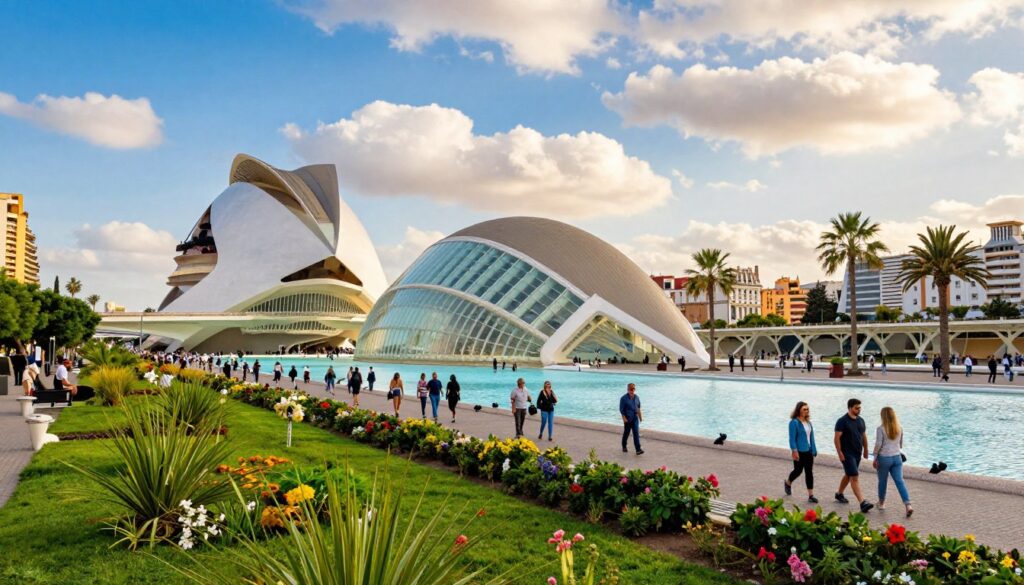 A vibrant view of Valencia, Spain, showcasing the stunning architecture of the City of Arts and Sciences as the focal point in the foreground. Surround the structure with lush greenery and colorful flowers that evoke the Mediterranean climate. In the middle ground, include a picturesque canal lined with palm trees and locals enjoying leisurely strolls in smart casual clothing. The background features a clear blue sky with soft, fluffy clouds, casting natural light that enhances the scene’s warmth. Capture the city’s lively atmosphere and cultural richness, highlighting the contrast between modern structures and historical buildings, to reflect Valencia as a hidden gem in the Mediterranean. Use a wide-angle lens to bring depth to the image, ensuring a vibrant, inviting mood.