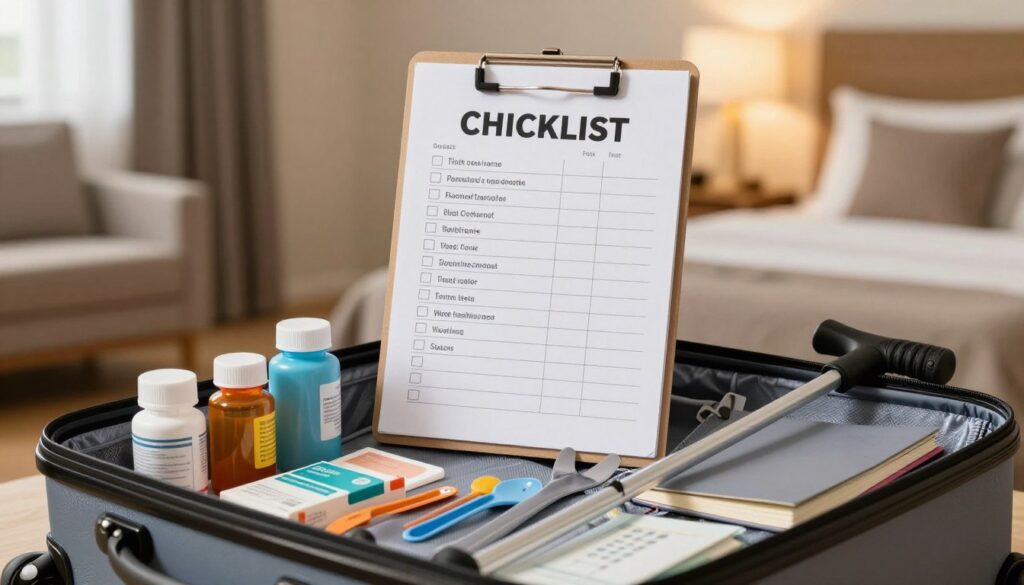 A visually organized packing checklist designed for travelers with Parkinson's disease. In the foreground, display an open suitcase filled with essential items: medication bottles, travel-sized toiletries, a comfortable walking cane, adaptive utensils, and a journal for notes. The middle ground features a clear, neatly laid-out checklist on a clipboard, highlighting key items like comfortable shoes, a portable tremor-friendly device, and snacks. The background includes a serene, softly lit hotel room with a warm ambiance, evoking a sense of calm and preparation. The scene is captured with a warm, inviting lighting to convey an atmosphere of readiness and reassurance, with a shallow depth of field to emphasize the checklist and the suitcase.