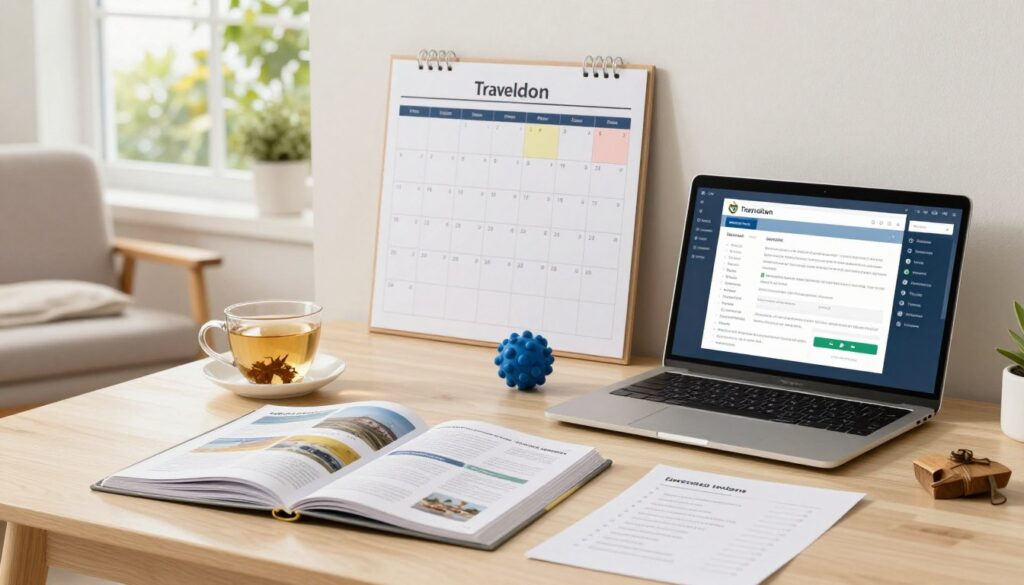 A warm and inviting scene of a travel planning workspace, designed for individuals with Parkinson's Disease. In the foreground, a neatly arranged table features a partially open travel guide, a laptop displaying accessible travel apps, and a list of essential items, all surrounded by comforting items like a cup of herbal tea and a stress ball. In the middle, a wall planner with highlighted dates and notes, emphasizes organization and preparation. A cozy armchair sits nearby, inviting relaxation. The background depicts a sunny window with greenery outside, casting soft natural light that creates a calm, uplifting atmosphere. The mood is hopeful and empowering, showcasing thoughtful planning for a fulfilling travel experience.