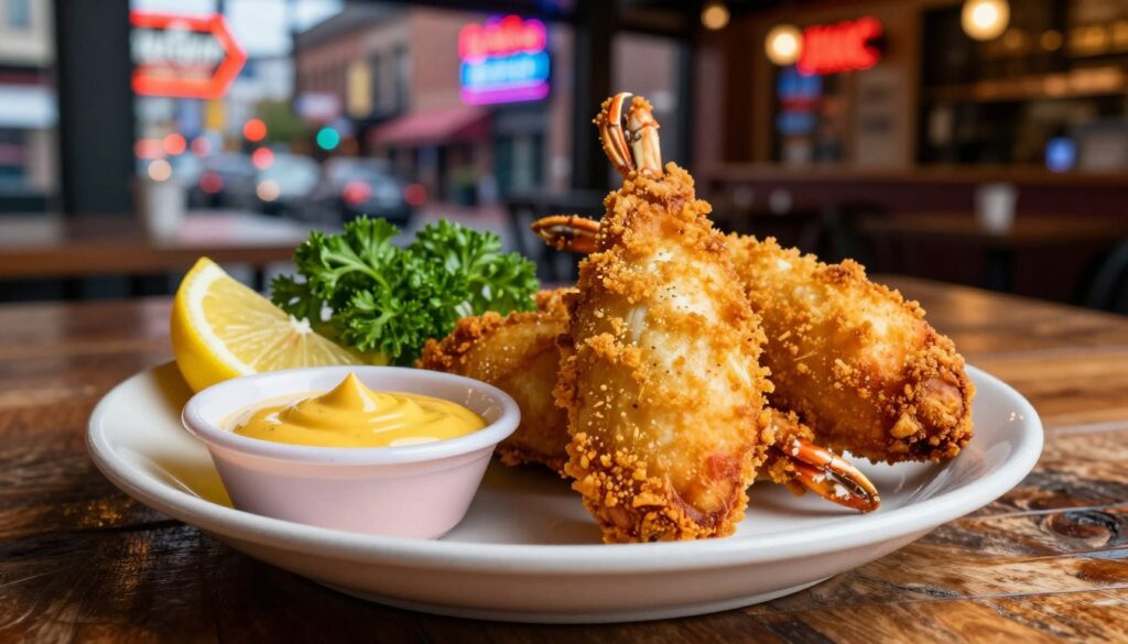 A beautifully arranged plate of crab corn dogs presented on a rustic wooden table, showcasing the golden-brown, crispy batter encasing succulent pieces of crab. The foreground features a dipping sauce with vibrant colors, such as a zesty aioli or tangy mustard, drawing attention to the dish. In the middle ground, there are a few bright garnishes like fresh parsley or lemon wedges, adding a fresh touch. The background captures a lively Nashville setting with blurred hints of neon signs and bustling streets, embodying the city's vibrant culinary scene. Soft, warm lighting illuminates the scene, creating an inviting atmosphere reminiscent of a cozy food joint. The image should evoke a sense of flavor and fun, perfect for a food lover exploring Nashville.