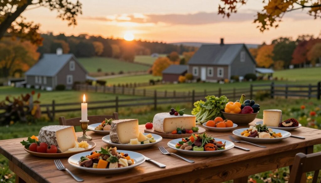A beautifully arranged table set in a rustic New England countryside setting, showcasing an array of gourmet dishes made from local ingredients. In the foreground, a wooden table is adorned with artisanal cheeses, vibrant seasonal vegetables, and intricately plated entrees, all under soft, warm candlelight. In the middle ground, a gently rolling landscape with quaint farmhouses and lush greenery provides a charming backdrop, while colorful autumn leaves add a pop of color. The background features a serene sunset casting a golden hue over the scene. Capture the inviting atmosphere with slightly blurred edges to emphasize the delectable treasures on the table. Use a shallow depth of field to focus on the food, creating a warm, cozy mood that evokes a sense of discovery and culinary delight.