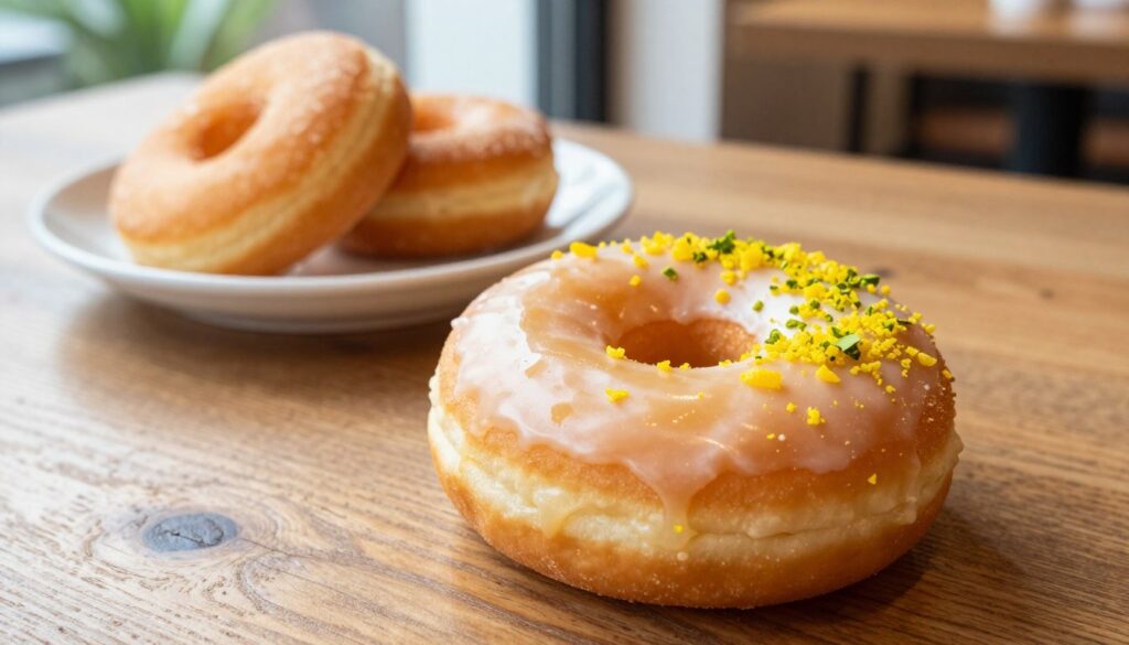 A beautifully crafted yuzu sourdough donut sits prominently in the foreground, its golden, slightly crunchy exterior glistening with a pale, zesty yuzu glaze. The donut is adorned with a sprinkle of vibrant yellow and green citrus zest, adding pops of color. In the middle ground, a rustic wooden table features a small, elegant white plate with a couple more donuts, showcasing their fluffy, airy texture. In the background, soft-focus café elements with warm afternoon lighting create a cozy atmosphere, with blurred hints of greenery visible through a nearby window. Capture this scene from a top-down angle, emphasizing the donut's enticing details while evoking a trendy, inviting mood perfect for a donut showcase. The overall lighting is bright yet warm, enhancing the freshness and vibrancy of the yuzu flavor. A beautifully crafted yuzu sourdough donut sits prominently in the foreground, its golden, slightly crunchy exterior glistening with a pale, zesty yuzu glaze. The donut is adorned with a sprinkle of vibrant yellow and green citrus zest, adding pops of color. In the middle ground, a rustic wooden table features a small, elegant white plate with a couple more donuts, showcasing their fluffy, airy texture. In the background, soft-focus café elements with warm afternoon lighting create a cozy atmosphere, with blurred hints of greenery visible through a nearby window. Capture this scene from a top-down angle, emphasizing the donut's enticing details while evoking a trendy, inviting mood perfect for a donut showcase. The overall lighting is bright yet warm, enhancing the freshness and vibrancy of the yuzu flavor.