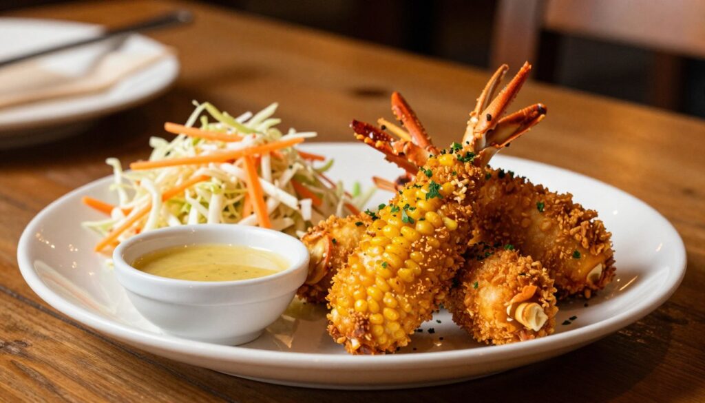 A beautifully plated savory crab dish sits in the foreground, showcasing golden-brown crab corn dogs with a crispy exterior, garnished with fresh herbs and accompanied by a tangy dipping sauce. In the middle ground, a vibrant side of coleslaw adds a pop of color, featuring shredded cabbage and carrots, lightly dressed. The background features a rustic wooden table setting, with warm, soft lighting casting a golden hue, enhancing the inviting atmosphere of a cozy seafood restaurant. The scene is captured at a slightly elevated angle, focusing on the details of the dish while creating a sense of warmth and delicious anticipation. The overall mood evokes a feeling of comfort and indulgence, perfect for a culinary experience centered around seafood delights.