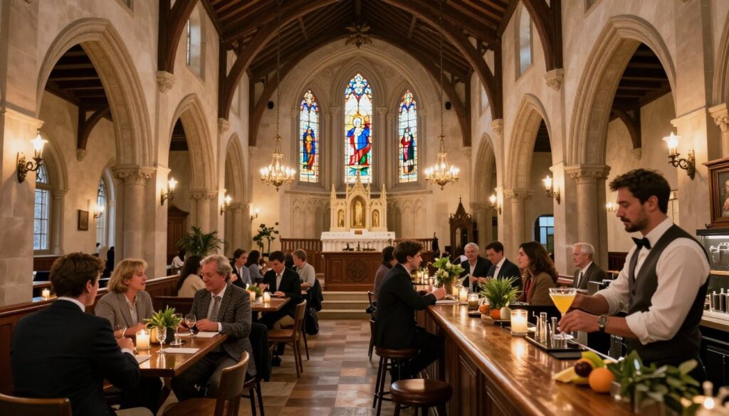 A beautifully transformed church interior, featuring elegant wooden beams and stained glass windows that cast colorful light patterns. In the foreground, a well-dressed bartender serves craft cocktails at a polished wooden bar, adorned with fresh herbs and fruits. Groups of patrons, clad in professional business attire and modest casual clothing, engage in lively conversations at small tables, surrounded by flickering candlelight that enhances the warm atmosphere. In the middle ground, vintage chandeliers hang from the ceiling, illuminating the charming ambiance. The background showcases the arches and altar of the repurposed church, creating a striking juxtaposition between the sacred architecture and the bustling dining environment. The lighting is soft and inviting, evoking a sense of community and elegance. A wide-angle perspective captures the entire scene, highlighting the unique blend of dining and history.
