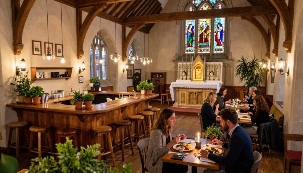 A beautifully transformed church into a cozy restaurant, featuring elegant wooden beams and stained glass windows casting colorful light. In the foreground, a well-dressed couple enjoys dinner at a table with fine dining settings, surrounded by lush greenery and candlelight. The middle section showcases a rustic bar area with handcrafted wooden stools, adorned with potted herbs and hanging fairy lights. The background highlights the impressive altar, artfully repurposed as a dining area, with patrons mingling and enjoying the ambiance. Soft, warm lighting enhances the inviting atmosphere, reminiscent of a unique dining experience. Capture this scene from a slightly elevated angle to give a sense of depth and intimacy, emphasizing the contrast between the sacred space and its new culinary purpose.