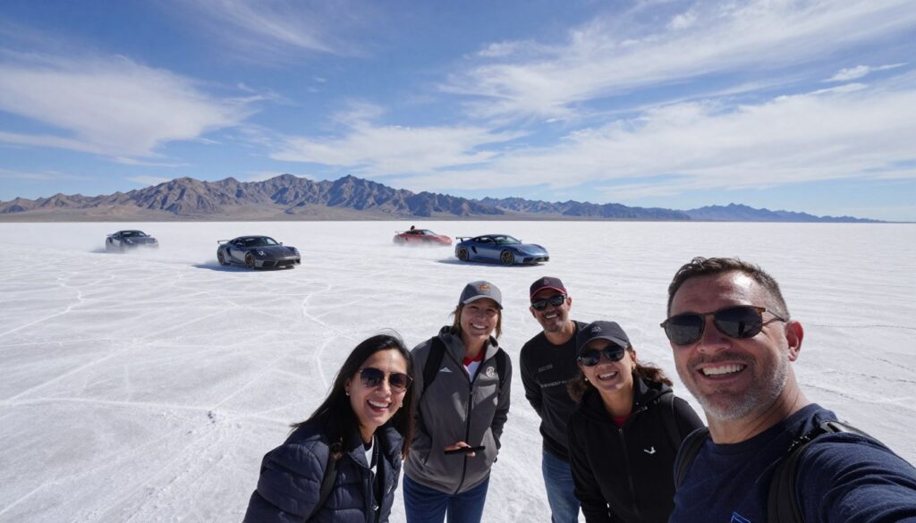 A breathtaking scene capturing the Bonneville Salt Flats in Utah, known as a speed and selfie paradise. In the foreground, a group of diverse individuals in casual clothing laughing and taking selfies, showcasing the joy of the location. In the middle ground, sleek sports cars speeding across the vast, reflective salt flats, sending up small clouds of salt dust, emphasizing the thrill of racing. The background features the dramatic, distant mountains against a clear blue sky filled with wispy clouds, complementing the peaceful yet exhilarating atmosphere. Utilize soft natural lighting to create a vivid, bright setting, with a focus on wide-angle perspective to highlight the expansive flat landscape that creates a surreal and striking experience.